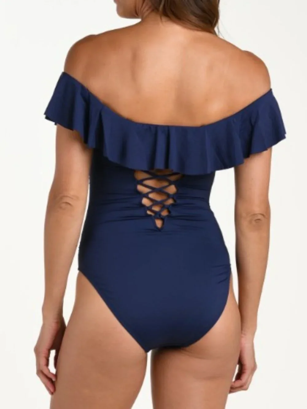NWT - La Blanca Island Goddess Off Shoulder Ruffle One Piece Swimsuit in Indigo